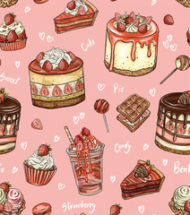 Seamless vector pattern with cute shaped bento cake Desserts with strawberries. Romantic dessert background. Birthday and holidays. Love texture for wrapping paper, wallpaper, textile design