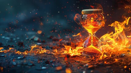 An hourglass is the focal point, engulfed by vibrant flames and sparks, portraying a dynamic rendition of passing time - obrazy, fototapety, plakaty