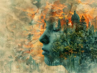 Abstract composition blending a human profile silhouette with elements of nature and architectural structures in a dreamy, surreal overlay.
