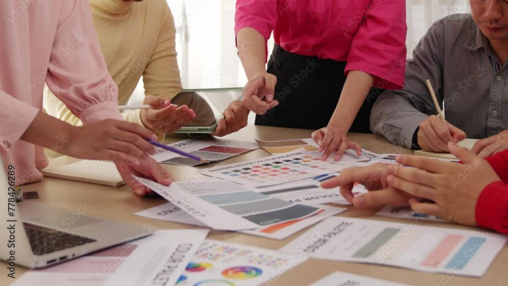 Aufkleber hand closeup of designer team brainstorming and choosing color for graphic design working or client 