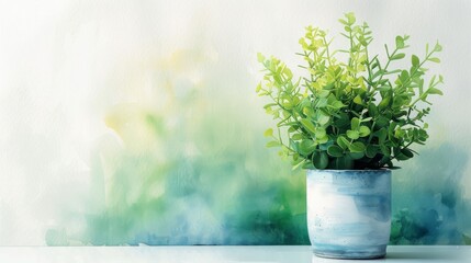 Minimalistic Plant Pot on Soft Green and Blue Watercolor Blend Background.