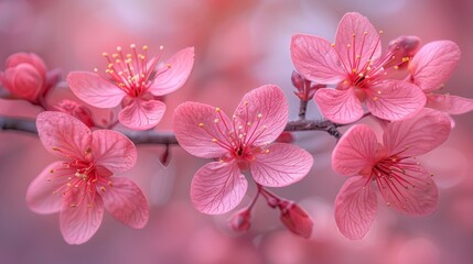   Pink flowers are in focus on a clear branch against a blurred background