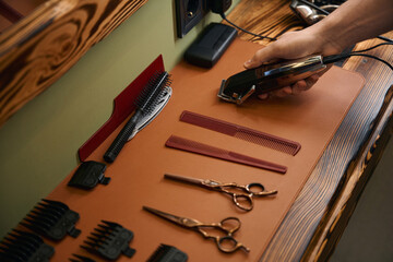 Professional equipment for haircutting on the table