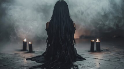 witch with a wreath sits on the ground with candles.
