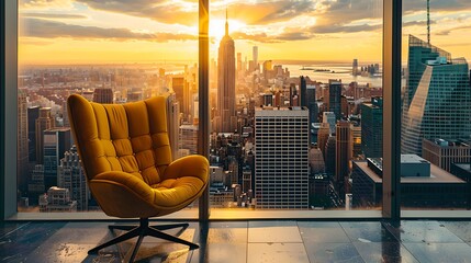 Modern Elegance High Above the City: A Stylish Yellow Armchair Overlooking a Sprawling Urban Skyline at Sunset. Comfort Meets Urban Lifestyle. Ideal for Contemporary Interior Design Themes. AI