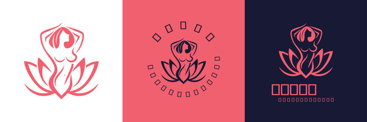 Silhouette Beautiful Woman in Lotus Flower Line Art for yoga Spa Cosmetic Beauty Body Skin Care Health meditation logo design vector illustration
