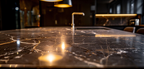 A close-up view of a polished soapstone countertop under the soft glow of pendant lighting, highlighting the intricate, natural veining and smooth texture. 32k, full ultra HD, high resolution - obrazy, fototapety, plakaty