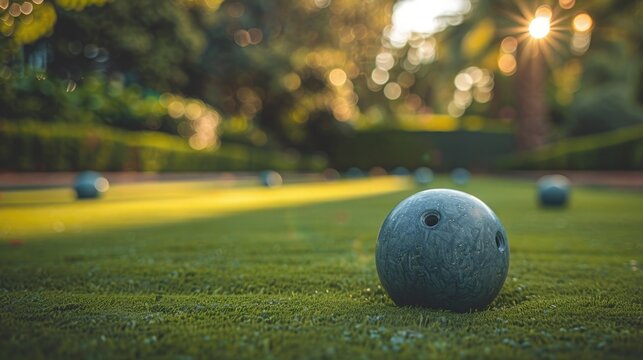 A bocce ball making the critical hit, with the other balls and the pallino in a strategic blur in the background, capturing the tension and finesse of bocce