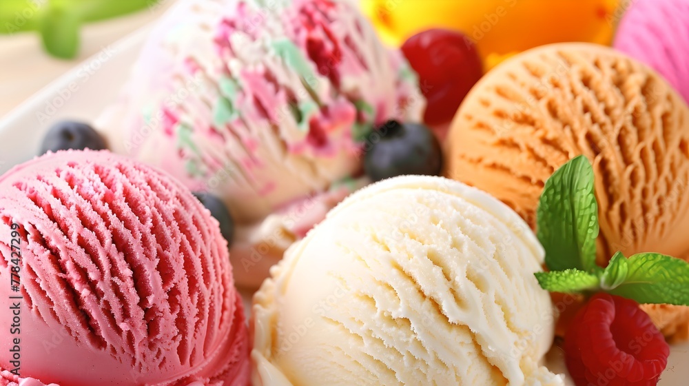 Poster Colorful Assortment of Ice Cream Scoops. Sweet Treat Concept. Perfect for Food Blogs and Advertisements. High-Quality, Close-Up Photography. AI