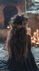 a witch with a wreath on her head sits on the ground with candles.