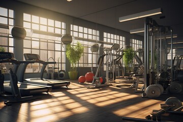 Modern gym in dark colors. Sports equipment in the gym - obrazy, fototapety, plakaty