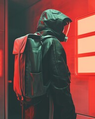 Person in a sleek, futuristic setting, their clothing and accessories cleverly concealing hidden compartments for smuggling. The image merges sci-fi aesthetics with a touch of cyberpunk.