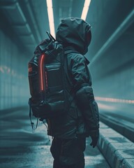 Person in a sleek, futuristic setting, their clothing and accessories cleverly concealing hidden compartments for smuggling. The image merges sci-fi aesthetics with a touch of cyberpunk. - obrazy, fototapety, plakaty