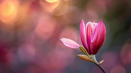 Single blossom breaking free from the confines of a bud, symbolizing growth, renewal, and the beauty of new beginnings. unfolding petals. - obrazy, fototapety, plakaty