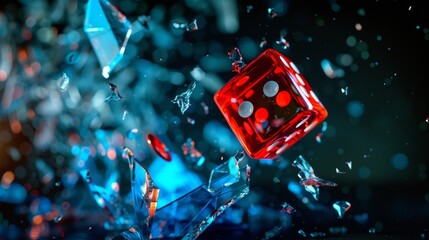 Shattered glass surface with a dice suspended mid-air, frozen in a critical moment. The fractured glass symbolizes the impact of a critical hit, emphasizing the unpredictable and impactful nature.