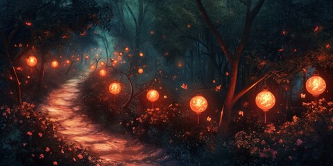 Winding path through a dark forest, illuminated by a series of glowing lanterns. Each lantern represents a challenge or obstacle, and as the path progresses. - obrazy, fototapety, plakaty