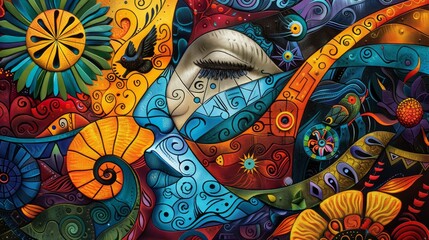 A highly detailed and colorful surreal mural, featuring an eye surrounded by nature-inspired motifs and vibrant patterns.