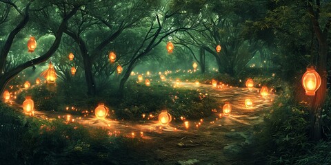 Winding path through a dark forest, illuminated by a series of glowing lanterns. Each lantern represents a challenge or obstacle, and as the path progresses.