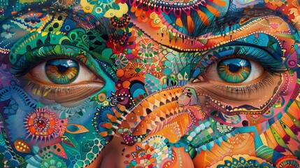 Striking close-up of a mural depicting eyes with intense detail, surrounded by intricate and multicolored patterns and textures.