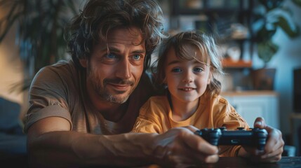 Man and Little Girl Playing Video Game