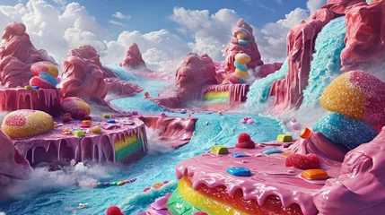 Fotobehang Candy bar transformed into a fantasy landscape, with gummy bears climbing chocolate mountains and licorice bridges spanning caramel rivers. © Oskar Reschke