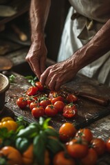 Chef's hands skillfully preparing a tomato-based dish, with vibrant ingredients scattered across a rustic kitchen surface.