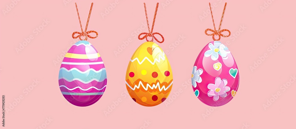 Poster three christmas ornaments in the shape of colorful easter eggs suspended from a string against a pin