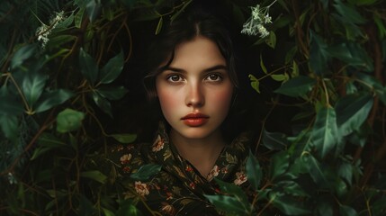 A dark-haired beauty with olive skin and brown eyes is framed by the dense foliage of the Black Forest. Her traditional German attire blends seamlessly with the earthy tones of the forest.