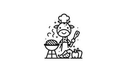 Giraffe cooking with a grill, wearing a chef's hat and apron.