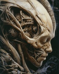 A detailed close-up capturing the moment of ceremorphosis with a focus on the subject's contorted facial expression. Alien appendages burst forth from the host.