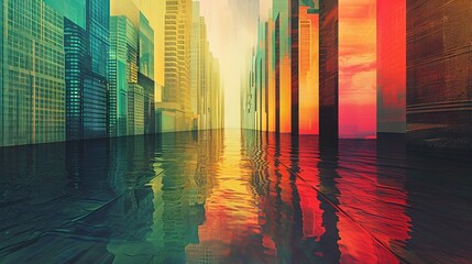 Mirage in an urban setting, with skyscrapers reflecting in a pool of water that appears to stretch endlessly. The image plays with distorted perspectives and vibrant colors.