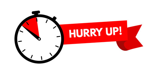 Hurry up! Clock with red ribbon, stopwatch, last chance, running out time vector illustration