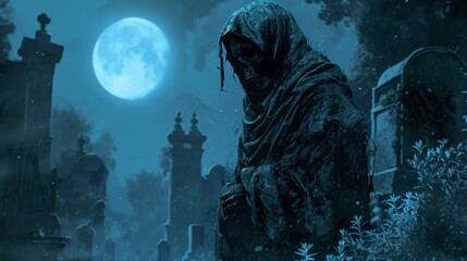 Grim reaper figure, cloaked in tattered shadows, standing in a moonlit cemetery. The skeletal face is partially obscured by a hood, and the composition is dominated by deep, cold blues and blacks. - obrazy, fototapety, plakaty