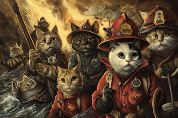 Group of firefighter cats working together to prevent a disaster, showcasing them in various emergency roles.