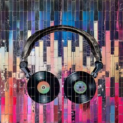 Iconic musical elements like vinyl records, sound waves, and a DJ's headphones into a visually striking mosaic. Contemporary yet nostalgic vibe.