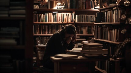Moment of introspection, with a person deep in thought, surrounded by books and dim lighting. - obrazy, fototapety, plakaty