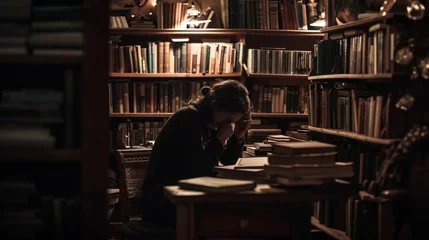 Fotobehang Moment of introspection, with a person deep in thought, surrounded by books and dim lighting. © Oskar Reschke