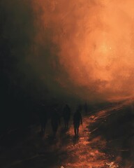 Fototapeta premium Group of individuals walking along a dimly lit trail, surrounded by the encroaching darkness. The use of warm tones on the horizon and subtle highlights on the characters conveys a sense of urgency.