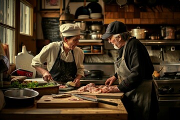 Chef trading places with a customer in a cooking class. The composition emphasizes the lighthearted and educational aspects of the exchange. The color palette is warm and inviting, enhancing the sense - obrazy, fototapety, plakaty
