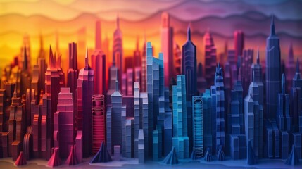 City Skyline at Sunset: Quilling Paper Art with Neon Gradients.