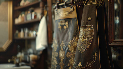 A barber's apron hanging gracefully from a brass hook, adorned with embroidered insignias and worn with pride. 8K