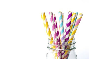 Colorful Paper Straws in Mason Jar on White Background, Isolated. Stripes in Diagonal, Purple, Yellow, Pink and Blue - obrazy, fototapety, plakaty