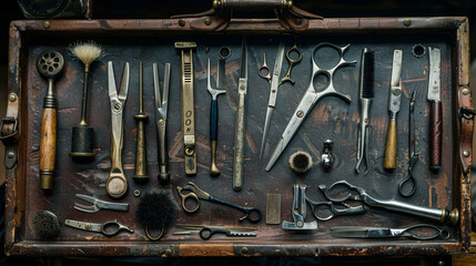 A barber's toolkit laid out meticulously on a worn leather tray, each tool telling a story of skill and craftsmanship. 8K