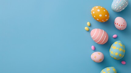 Fototapeta na wymiar Colorful Easter Eggs on a Blue Background. Celebrate Spring with Festive Decorations. Ideal for Greeting Cards and Invitations. AI