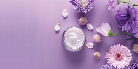 Face cream jar and flowers on purple background with blank space for tex, top view