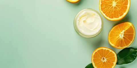Jar of face cream and oranges on green background with blank space for text, top view,