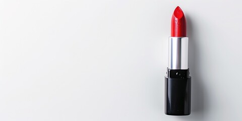 a red lipstick against white background with copy space, overhead view