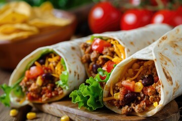 Delicious Burritos, Wrapped with Tortilla in Style, Served with Taco and Chips in Frisco Style - obrazy, fototapety, plakaty