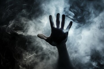 human hand in the smoke from the dark background