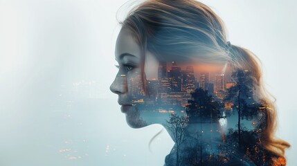 The woman's profile image is combined with an image of the city. Modern life in a metropolis. Business. - Powered by Adobe